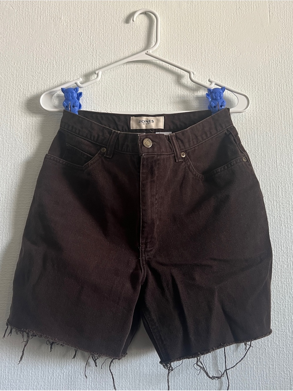 vintage brown denim shorts, cutoffs with raw frayed edge, high waist